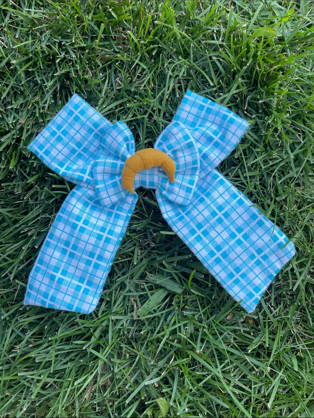 Blue Plaid XL Hair Bow with Croissant Accent (Handmade)